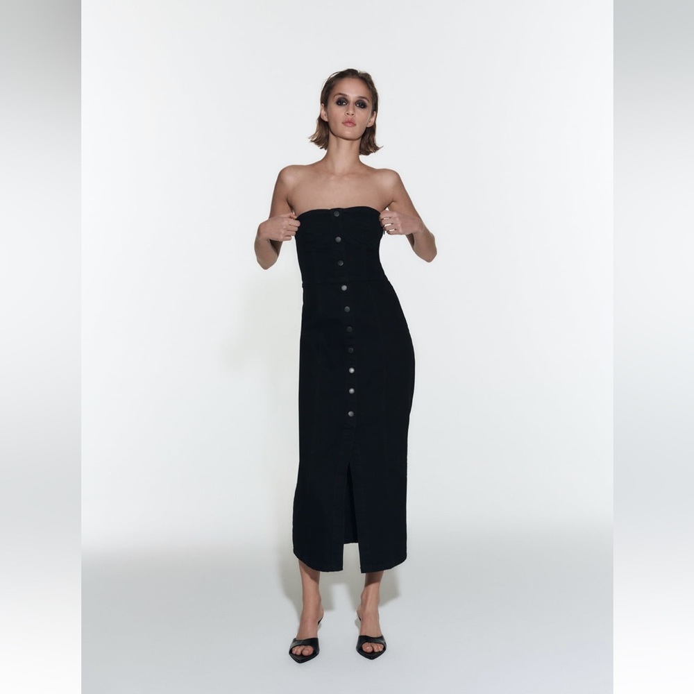 Zara ZW DENIM BUSTIER DRESS. Black. Size XS. New with Tags.